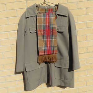 Vintage Coat & Scarf Set Khaki Tan with Plaid Lining & Scarf 40" Bust EUC!